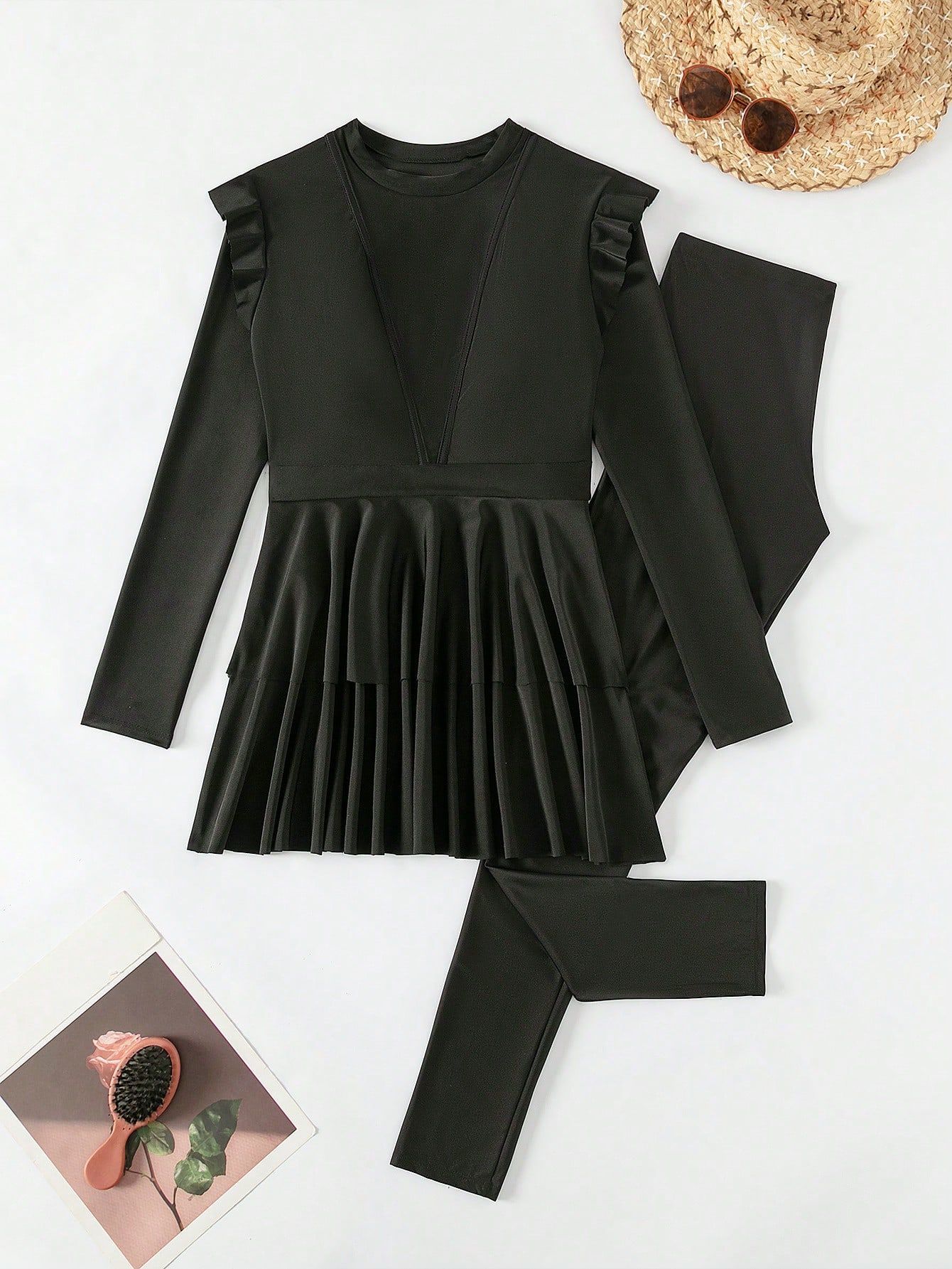Women 2 Piece Ruffle Modest Swimsuit - Long Sleeves Conservative Bathing Suit